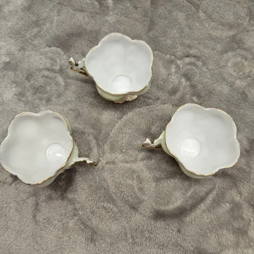 Vintage Miniature Porcelain Floral Teacups Set of 3 Gold Trim Bird Handle Rose